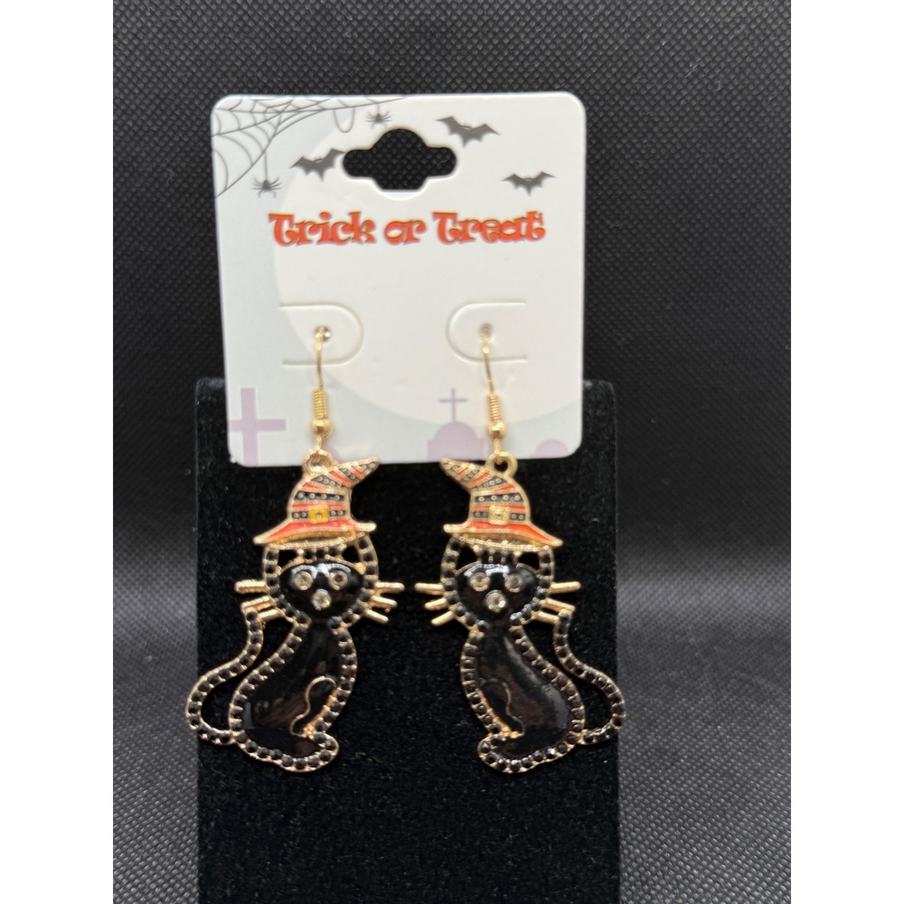 Halloween Black Cat Witch Hat Rhinestone Dangle Earrings Gold Tone
